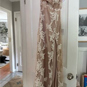 Lulu's Floral Lace Overlay Gown - Cream and Tan